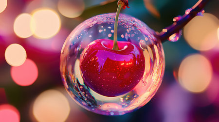 A fresh cherry glowing inside a translucent crystal shell, its vibrant red color shining beautifully.の素材