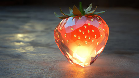 A vibrant strawberry locked in a radiant, light-colored crystal shell, glowing softly.の素材