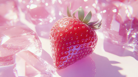 Close-up of a strawberry surrounded by a shimmering light-colored crystal shell, minimalist aesthetic.の素材