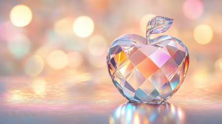A crystal-like apple with translucent light-colored facets, glowing softly under gentle lighting on a plain background.の素材