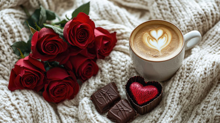 Cozy Valentine's flat lay featuring red roses, a steaming coffee cup, and a heart-shaped box of chocolates on a knitted white blanketの素材