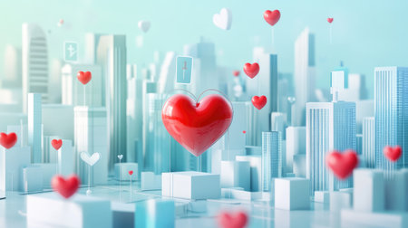 3D visual of heart health with floating medical symbols and a modern cityscape, highlighting the importance of heart wellness in urban lifeの素材