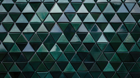 Dark green triangular mosaic tile texture with a fluted geometric triangle pattern, creating a sleek and modern design perfect for architectural projectsの素材
