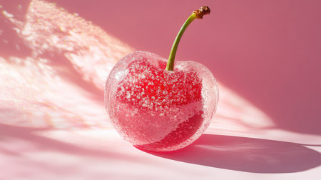 A delicious cherry preserved in a frosted, light-toned crystal shell, glowing faintly on a minimalist background.の素材