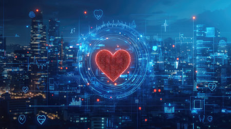 Abstract 3D representation of heart health, featuring a heart symbol surrounded by medical icons and a cityscape skyline in the backgroundの素材