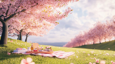 Gentle pastel picnic setup on a grassy field, surrounded by cherry blossoms in full bloom, creating a serene and romantic atmosphereの素材