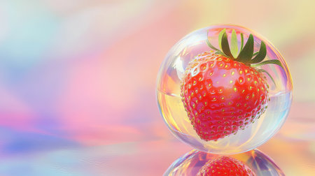 A strawberry locked in a transparent, smooth crystal shell with a soft halo effect on a pastel background.の素材