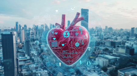 3D heart with integrated medical icons, surrounded by a bustling city skyline, showcasing the concept of urban heart health and careの素材