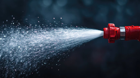 Water forcefully streaming from a red hose nozzle against a dark backdrop, emphasizing power and high-pressure capabilities in actionの素材