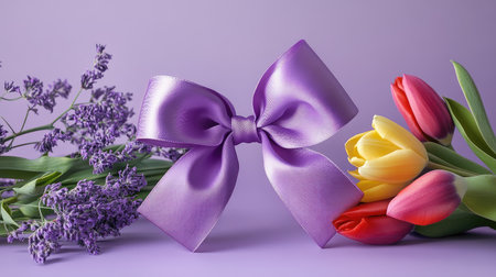 Chic greeting card layout with a silky lilac ribbon bow, vibrant mimosa, and fresh tulips on a soft lavender backgroundの素材