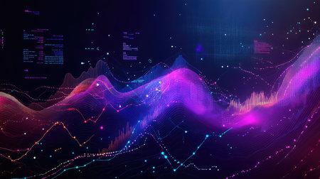 Business intelligence interface, real-time data analytics visualized with colorful graphs, charts, and AI-driven insightsの素材