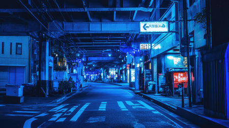A blue neon-lit tunnel with a futuristic cyberpunk aesthetic.の素材