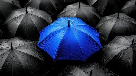 A blue umbrella standing out in a crowd of black umbrellas.の素材