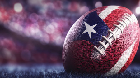 American football on a vibrant Super Bowl field background with dramatic stadium lights and empty space for text.の素材