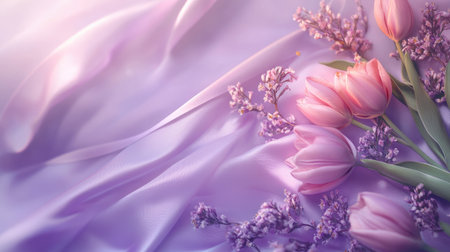 International Women's Day greeting card concept with lilac ribbon, fresh tulips, and mimosa blossoms on a soft purple background.の素材