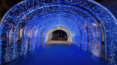 A blue neon-lit tunnel with a futuristic cyberpunk aesthetic.の素材