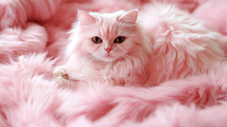 A fluffy pink cat resting on a soft blanket.の素材