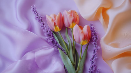 Minimalist Women's Day concept: fresh tulips, mimosa sprigs, and a silky lilac ribbon, dreamy pastel backgroundの素材