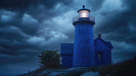 A blue lighthouse standing against stormy dark clouds.の素材
