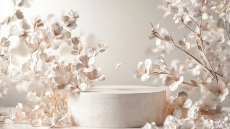 Neutral-toned 3D podium with hints of spring florals and gentle leaf patterns, perfect for showcasing natural beauty.の素材