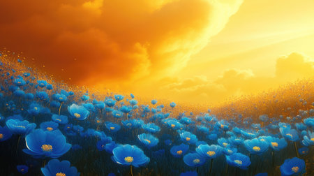 A field of blooming blue flowers under golden sunlight.の素材