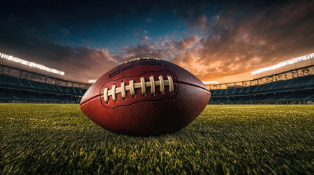Classic football resting on a turf field with stadium lights and a dramatic sky, perfect for Super Bowl promotions.の素材
