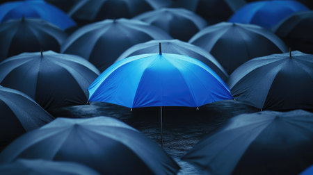 A blue umbrella standing out in a crowd of black umbrellas.の素材