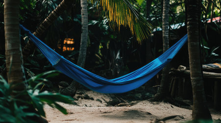 A peaceful blue hammock hanging between two palm trees on a tropical beach.の素材