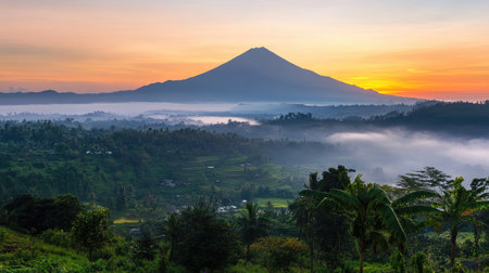 A misty pink sunrise over a mountain landscape.の素材