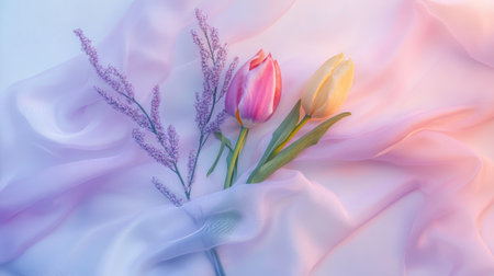 Minimalist Women's Day concept: fresh tulips, mimosa sprigs, and a silky lilac ribbon, dreamy pastel backgroundの素材
