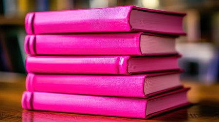 A stack of pink books on a wooden desk.の素材