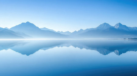 A peaceful lake reflecting a brilliant blue sky with no clouds.の素材