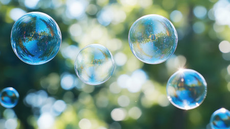 Blue bubbles floating in mid-air against a soft blurred background.の素材