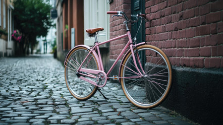 A pink bicycle parked on a cobblestone street.の素材