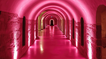 A pink neon-lit tunnel with a futuristic glow.の素材