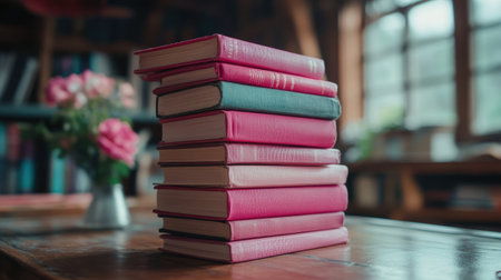 A stack of pink books on a wooden desk.の素材