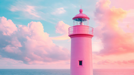 A pink lighthouse standing tall against a cloudy sky.の素材