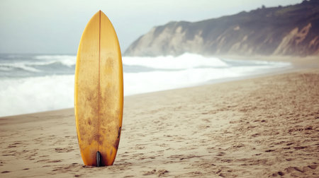 A surfboard resting upright in the sand with waves rolling in behind it.の素材