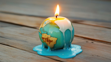 A partially melted globe candle, continents distorted by heat, symbolizing the planet suffering.の素材