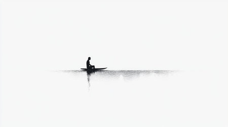 A lone surfer meditating on their board in still water, waiting for the next big wave.の素材