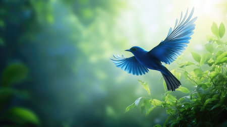 Blue bird in flight against a soft-focus green forest background.の素材