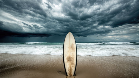 A surfboard stuck upright in the sand with ocean waves rolling in under a dramatic stormy sky.の素材