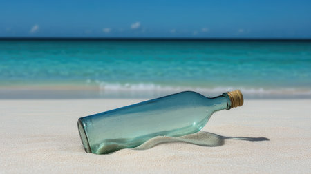 A message in a bottle half-buried in the soft beach sand.の素材
