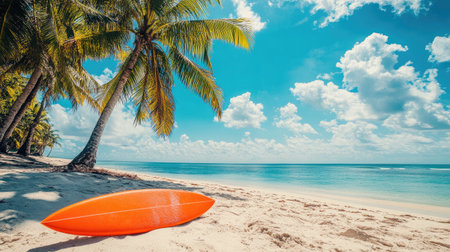 A vibrant surfboard resting on a tropical beach, with palm trees swaying and clear blue skies in the background.の素材
