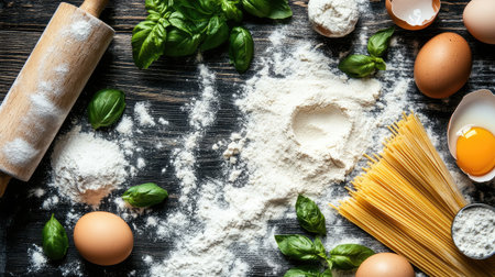 Flat lay of homemade pasta ingredients, flour-dusted wooden table, eggs, rolling pin, fresh basil.の素材