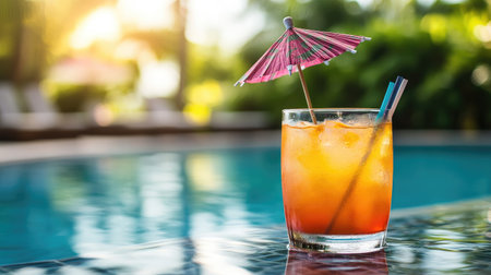 A colorful cocktail with a tiny umbrella placed on a poolside table.の素材