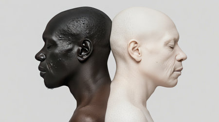 A Black and a White person standing back to back, symbolizing contrast and togetherness.の素材
