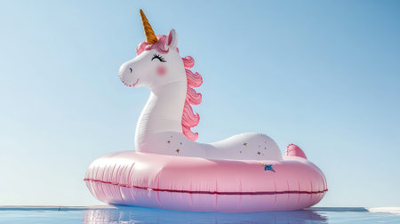 A luxurious pool with an inflatable unicorn float under a clear blue sky.の素材