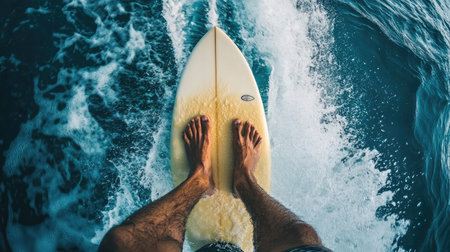 Surfer's perspective looking down at their feet on a surfboard as they ride a powerful wave.の素材