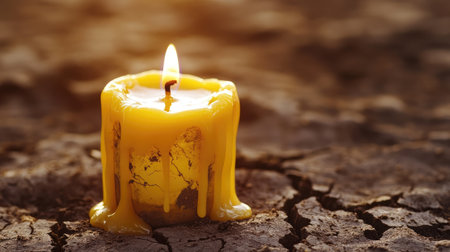 A candle representing the world, wax dripping onto cracked soil, visualizing the impact of climate change.の素材